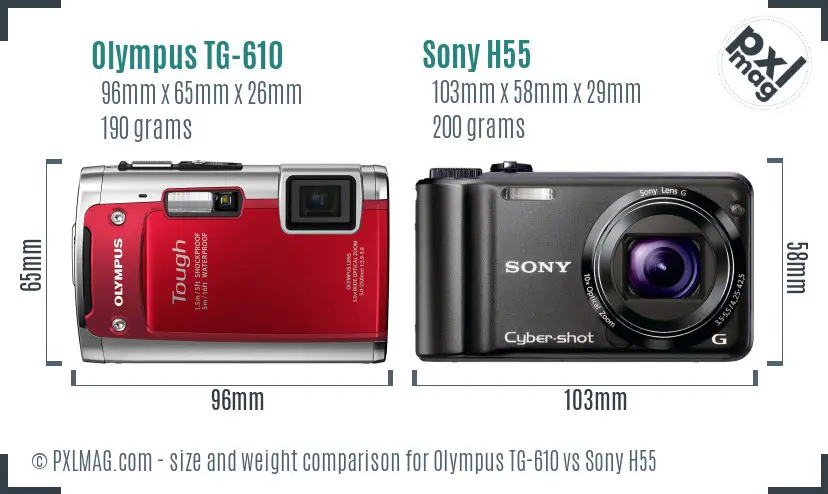 Olympus TG-610 vs Sony H55 size comparison