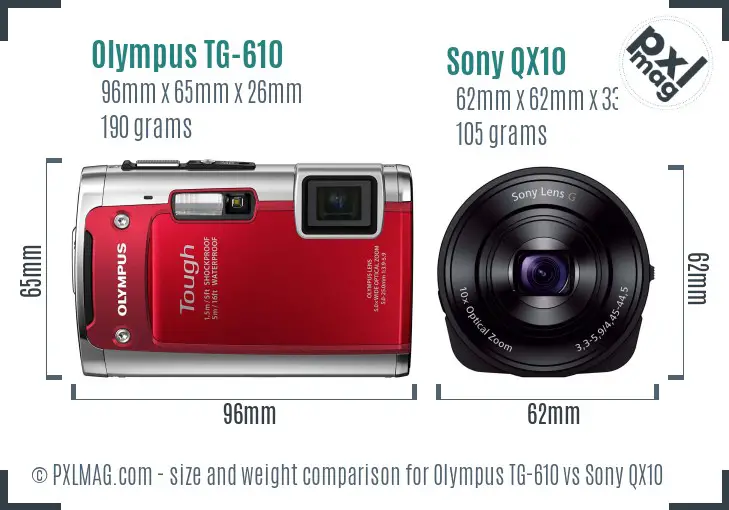 Olympus TG-610 vs Sony QX10 size comparison