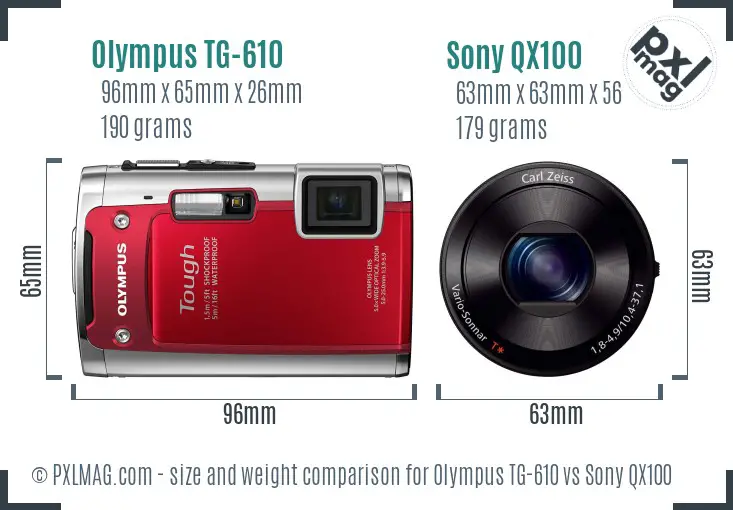 Olympus TG-610 vs Sony QX100 size comparison
