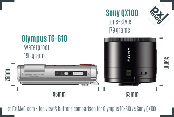 Olympus TG-610 vs Sony QX100 top view buttons comparison