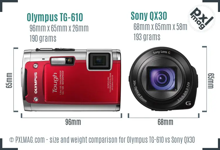 Olympus TG-610 vs Sony QX30 size comparison