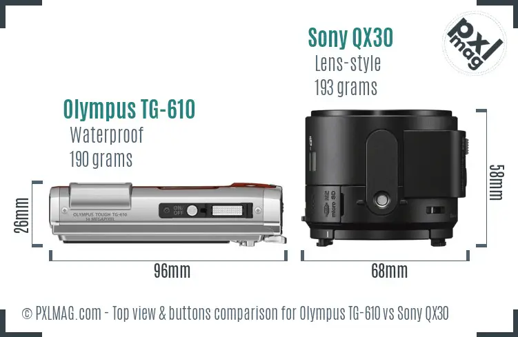 Olympus TG-610 vs Sony QX30 top view buttons comparison