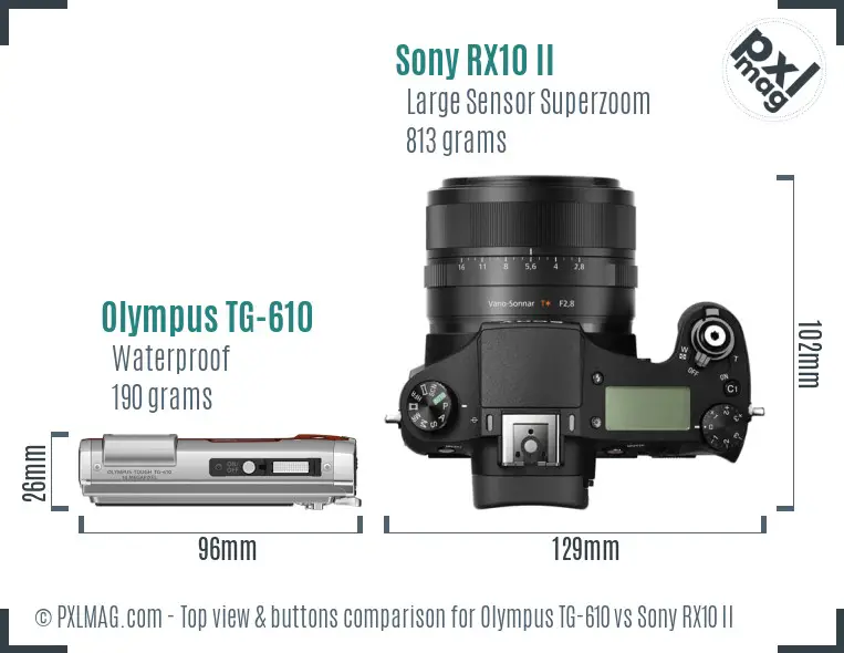 Olympus TG-610 vs Sony RX10 II top view buttons comparison