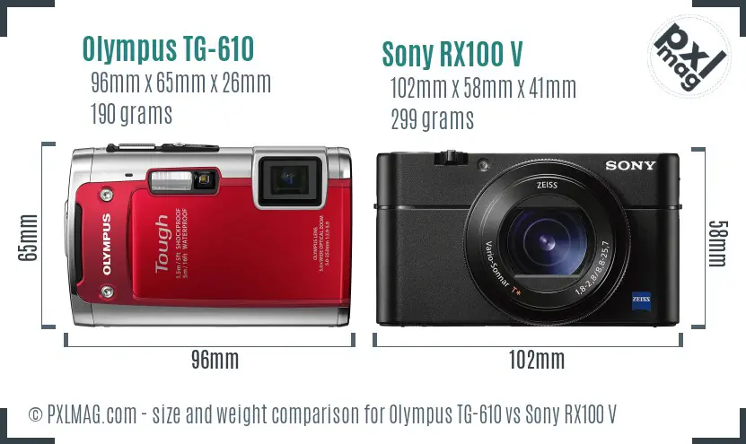 Olympus TG-610 vs Sony RX100 V size comparison