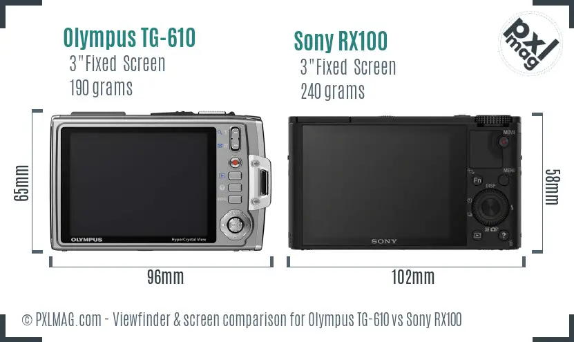 Olympus TG-610 vs Sony RX100 Screen and Viewfinder comparison