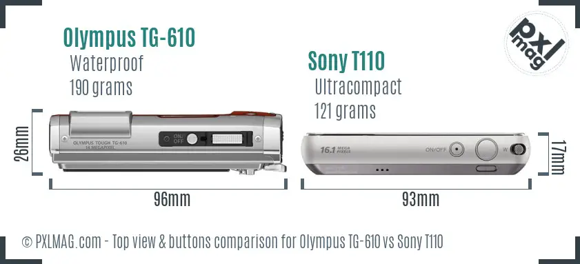 Olympus TG-610 vs Sony T110 top view buttons comparison