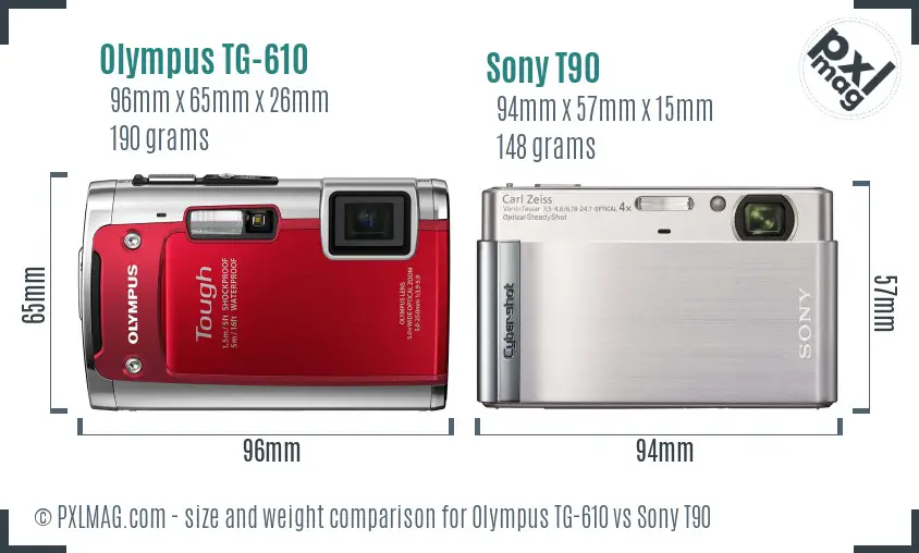 Olympus TG-610 vs Sony T90 size comparison