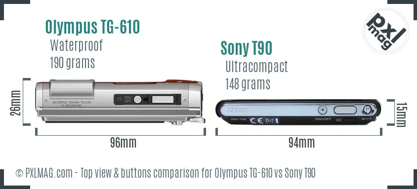 Olympus TG-610 vs Sony T90 top view buttons comparison