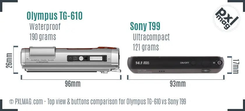Olympus TG-610 vs Sony T99 top view buttons comparison