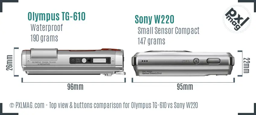 Olympus TG-610 vs Sony W220 top view buttons comparison