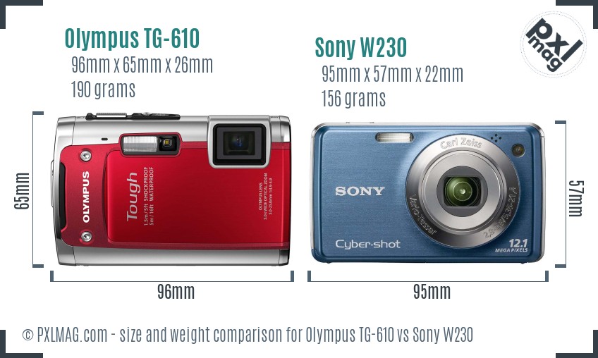 Olympus TG-610 vs Sony W230 size comparison