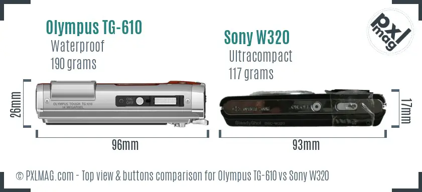 Olympus TG-610 vs Sony W320 top view buttons comparison