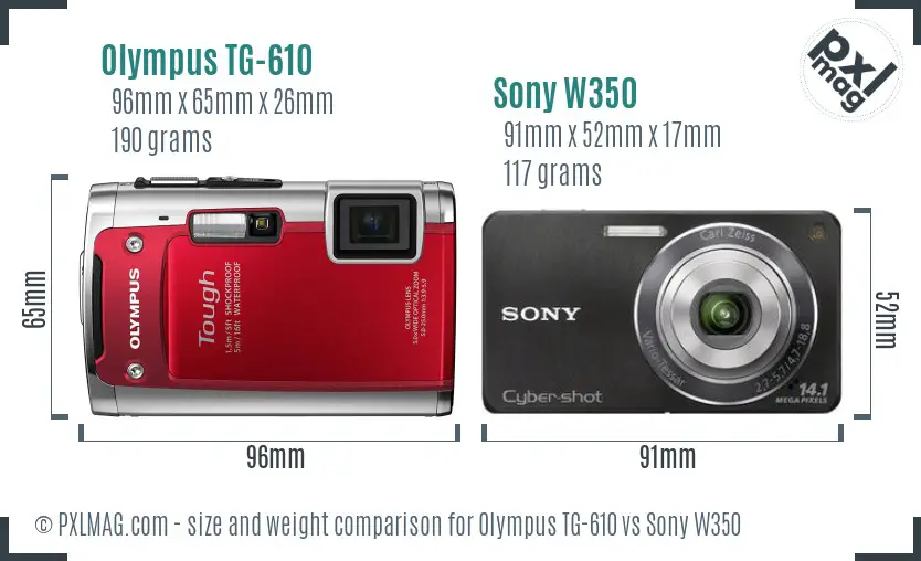 Olympus TG-610 vs Sony W350 size comparison