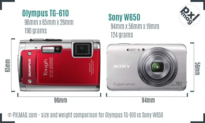 Olympus TG-610 vs Sony W650 size comparison