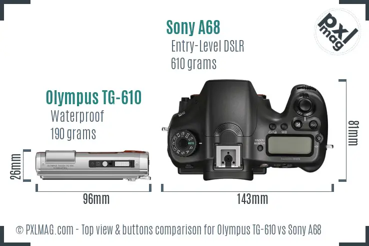 Olympus TG-610 vs Sony A68 top view buttons comparison