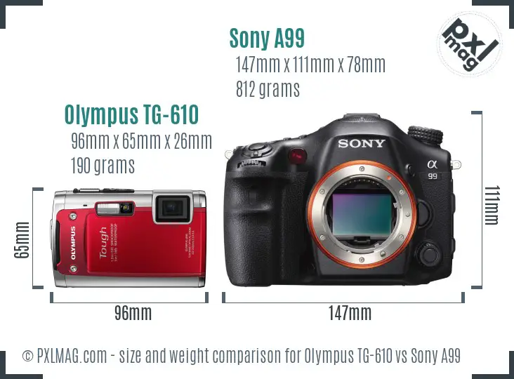 Olympus TG-610 vs Sony A99 size comparison