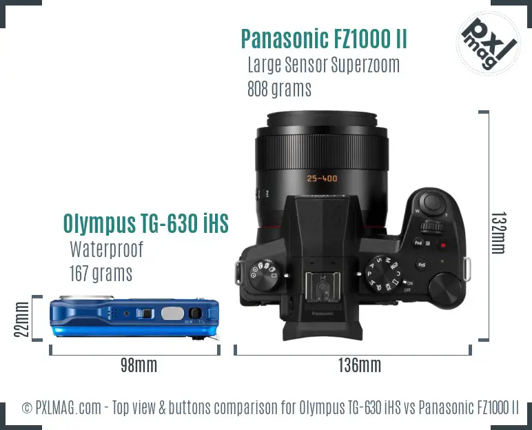 Olympus TG-630 iHS vs Panasonic FZ1000 II top view buttons comparison