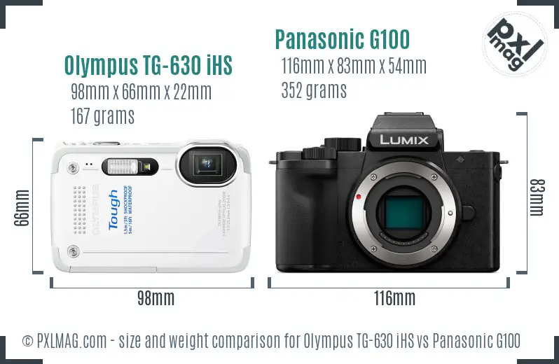 Olympus TG-630 iHS vs Panasonic G100 size comparison