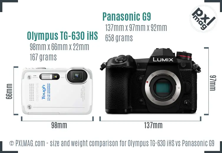 Olympus TG-630 iHS vs Panasonic G9 size comparison