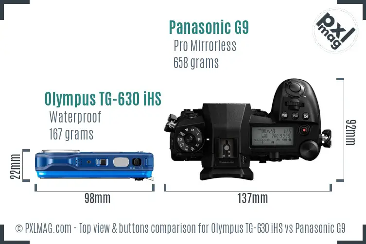 Olympus TG-630 iHS vs Panasonic G9 top view buttons comparison