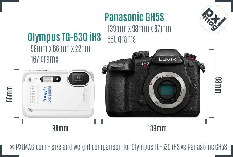 Olympus TG-630 iHS vs Panasonic GH5S size comparison