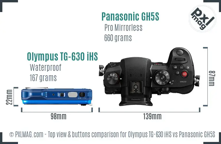 Olympus TG-630 iHS vs Panasonic GH5S top view buttons comparison