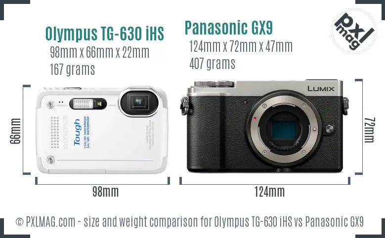 Olympus TG-630 iHS vs Panasonic GX9 size comparison