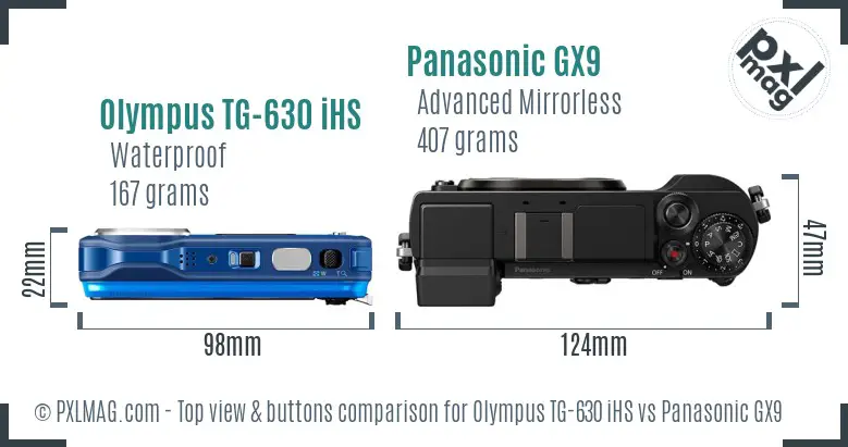 Olympus TG-630 iHS vs Panasonic GX9 top view buttons comparison