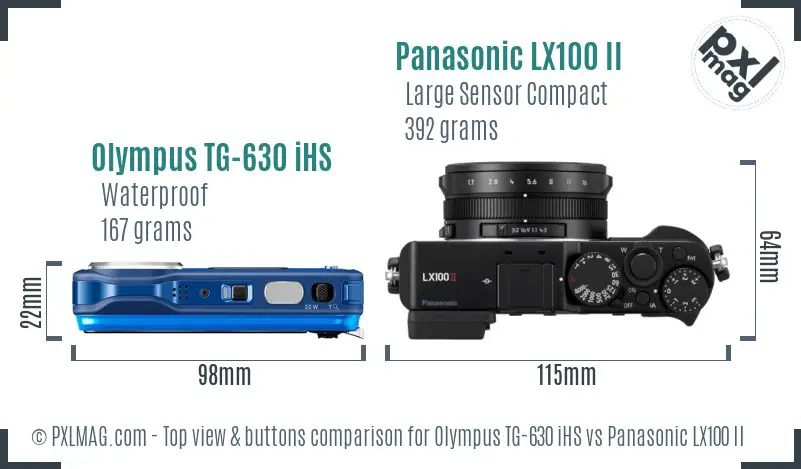 Olympus TG-630 iHS vs Panasonic LX100 II top view buttons comparison