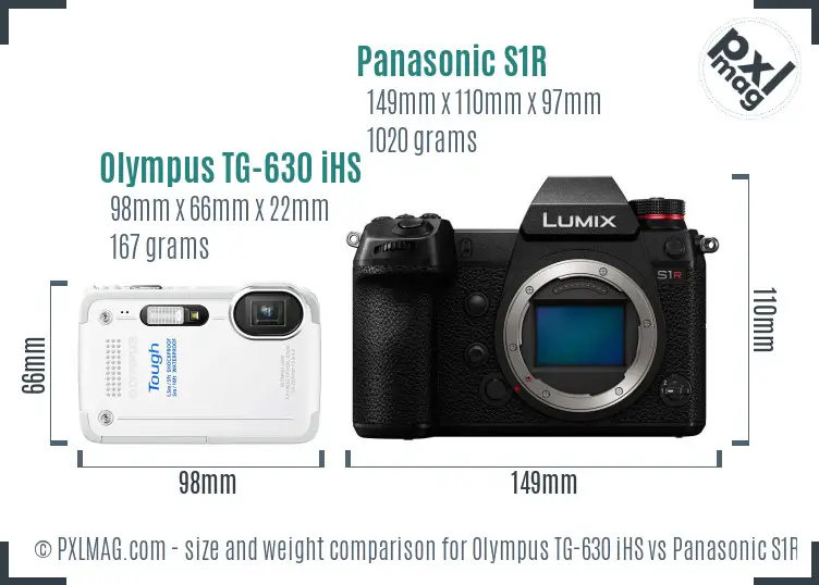 Olympus TG-630 iHS vs Panasonic S1R size comparison