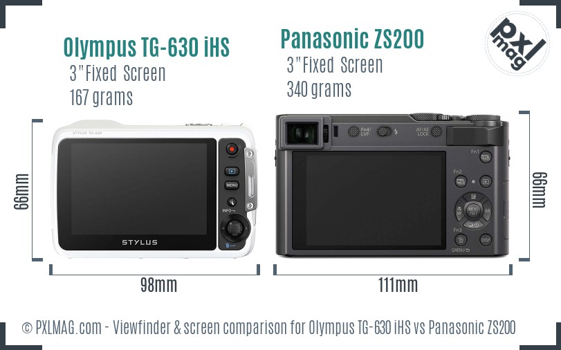 Olympus TG-630 iHS vs Panasonic ZS200 Screen and Viewfinder comparison