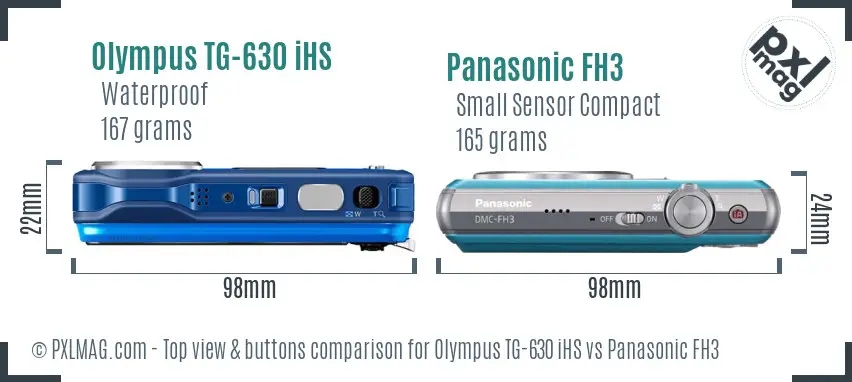 Olympus TG-630 iHS vs Panasonic FH3 top view buttons comparison