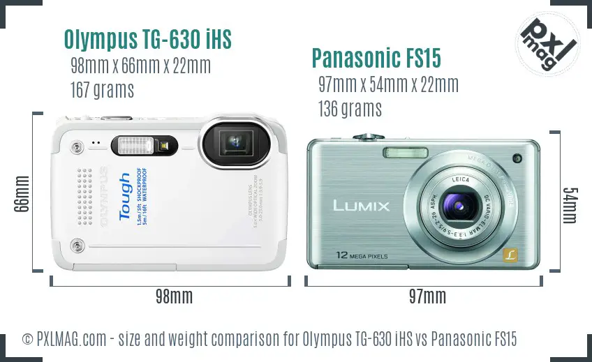 Olympus TG-630 iHS vs Panasonic FS15 size comparison