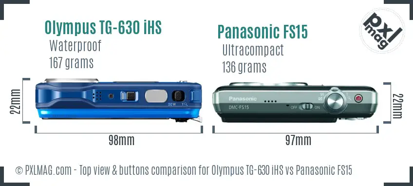 Olympus TG-630 iHS vs Panasonic FS15 top view buttons comparison