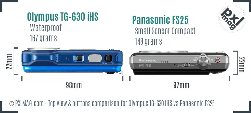 Olympus TG-630 iHS vs Panasonic FS25 top view buttons comparison