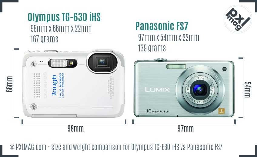 Olympus TG-630 iHS vs Panasonic FS7 size comparison