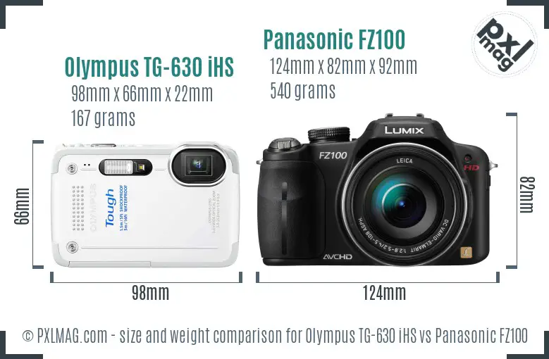 Olympus TG-630 iHS vs Panasonic FZ100 size comparison