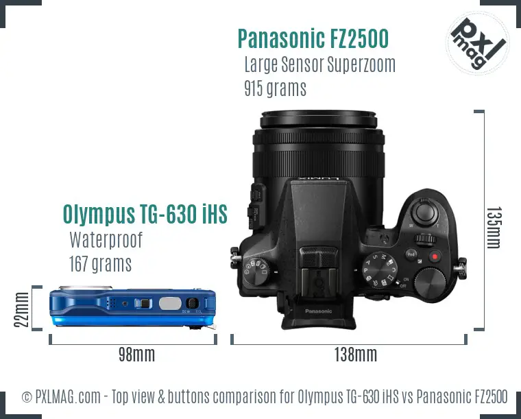 Olympus TG-630 iHS vs Panasonic FZ2500 top view buttons comparison Olympus TG-630 iHS vs Panasonic FZ2500 top view buttons comparison