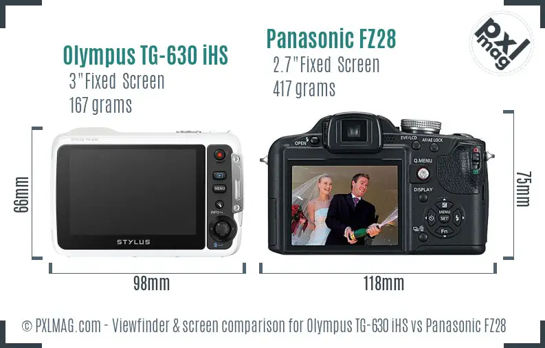 Olympus TG-630 iHS vs Panasonic FZ28 Screen and Viewfinder comparison