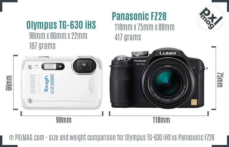 Olympus TG-630 iHS vs Panasonic FZ28 size comparison