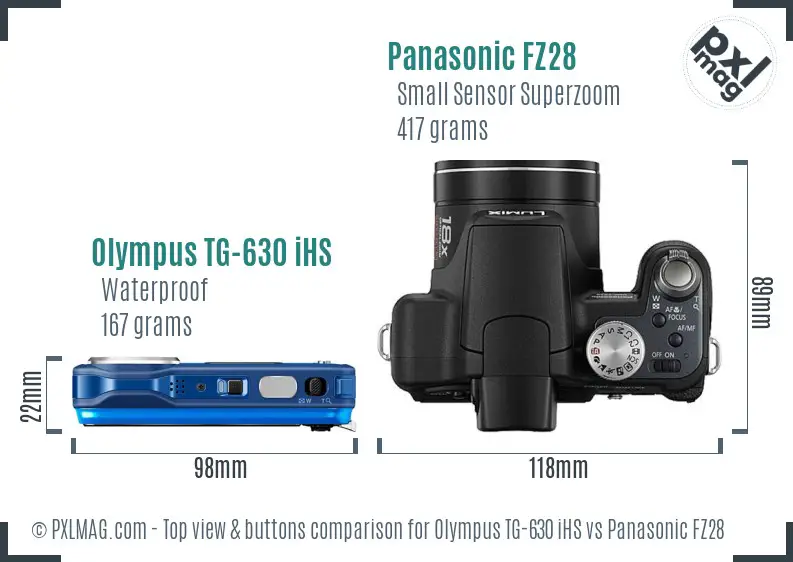 Olympus TG-630 iHS vs Panasonic FZ28 top view buttons comparison