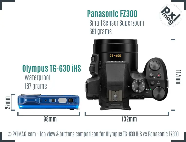 Olympus TG-630 iHS vs Panasonic FZ300 top view buttons comparison