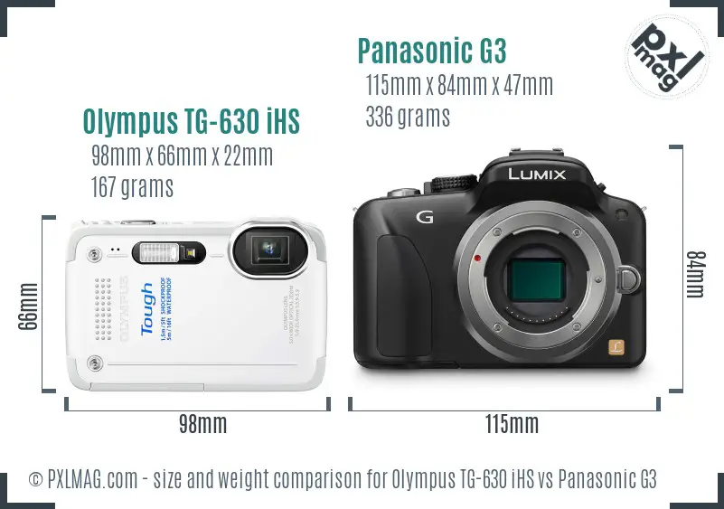 Olympus TG-630 iHS vs Panasonic G3 size comparison