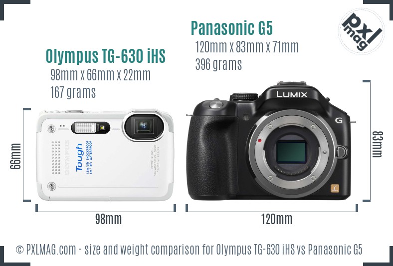 Olympus TG-630 iHS vs Panasonic G5 size comparison