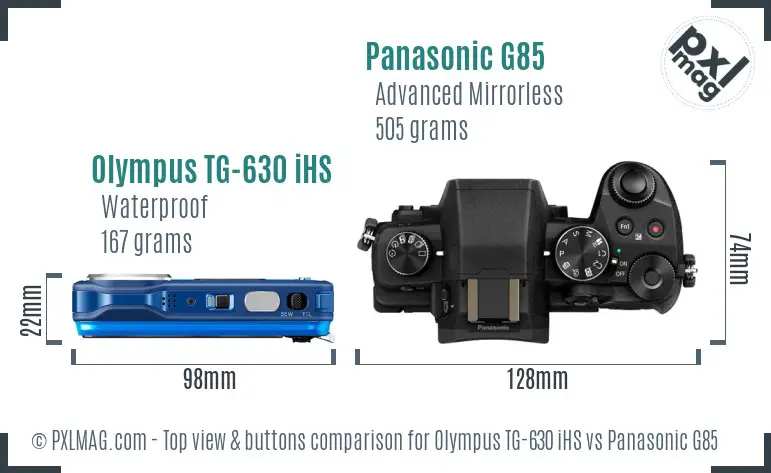 Olympus TG-630 iHS vs Panasonic G85 top view buttons comparison Olympus TG-630 iHS vs Panasonic G85 top view buttons comparison