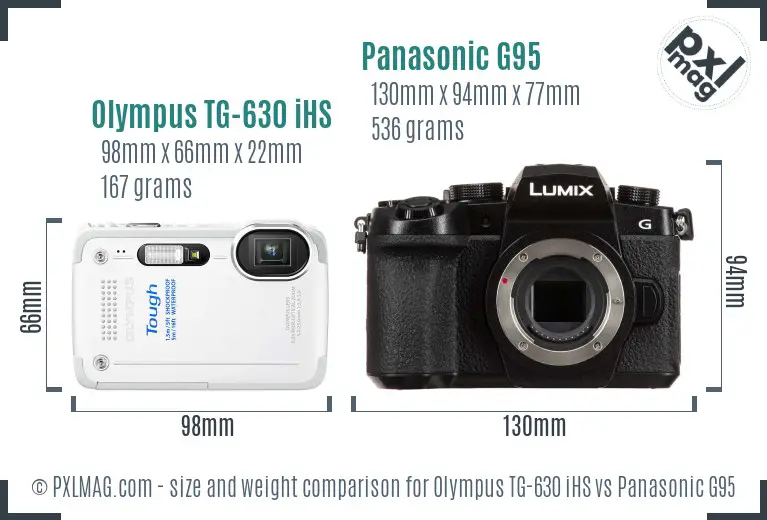 Olympus TG-630 iHS vs Panasonic G95 size comparison