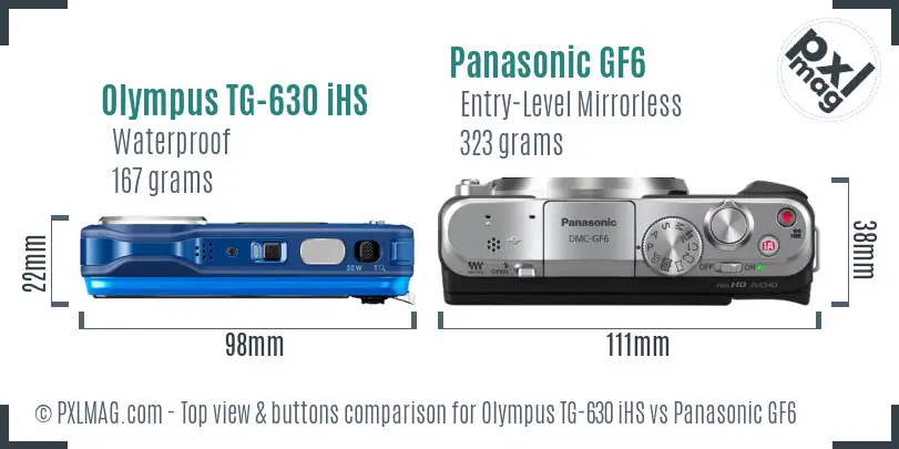 Olympus TG-630 iHS vs Panasonic GF6 top view buttons comparison Olympus TG-630 iHS vs Panasonic GF6 top view buttons comparison