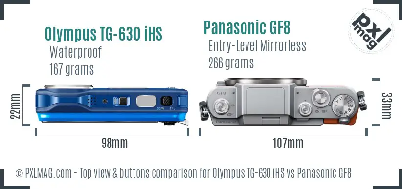 Olympus TG-630 iHS vs Panasonic GF8 top view buttons comparison Olympus TG-630 iHS vs Panasonic GF8 top view buttons comparison