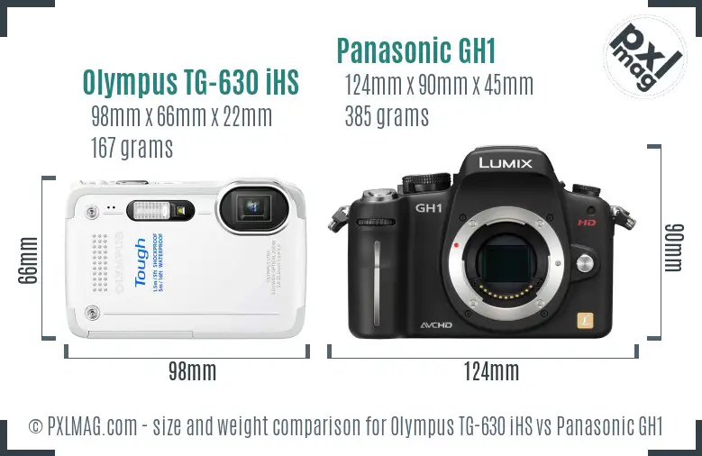 Olympus TG-630 iHS vs Panasonic GH1 size comparison