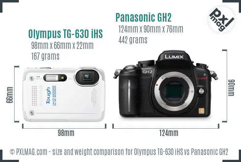 Olympus TG-630 iHS vs Panasonic GH2 size comparison
